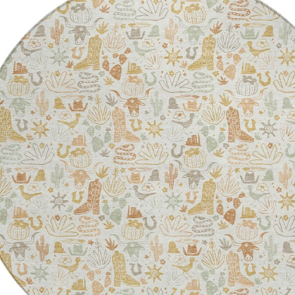HomeRoots 8 Foot Round Ivory Star Pattern Washable Polyester Rug for Indoor Outdoor Spaces 733365