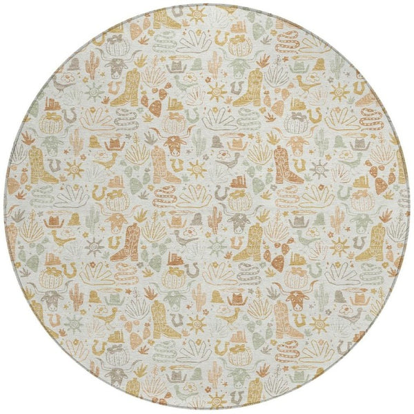 8 Foot Round Ivory Star Pattern Washable Polyester Rug for Indoor Outdoor Spaces