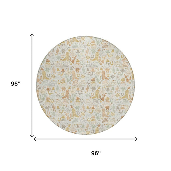 8 Foot Round Ivory Star Pattern Washable Polyester Rug for Indoor Outdoor Spaces