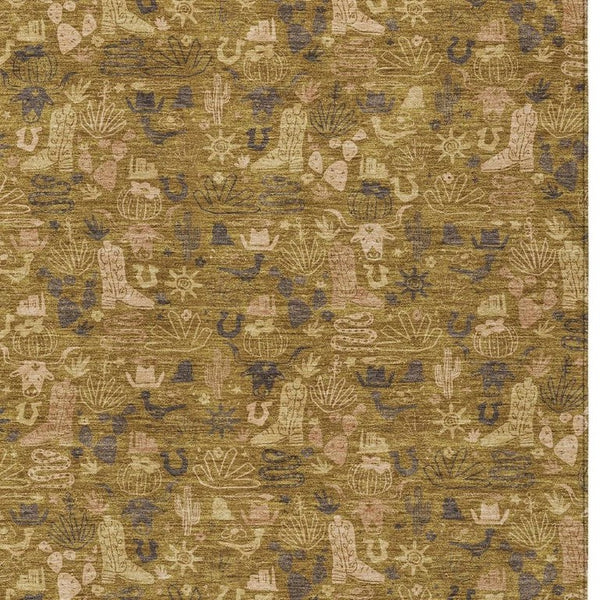Walnut Gold Stars Washable Polyester Indoor Outdoor Low Pile Area Rug for Living Spaces