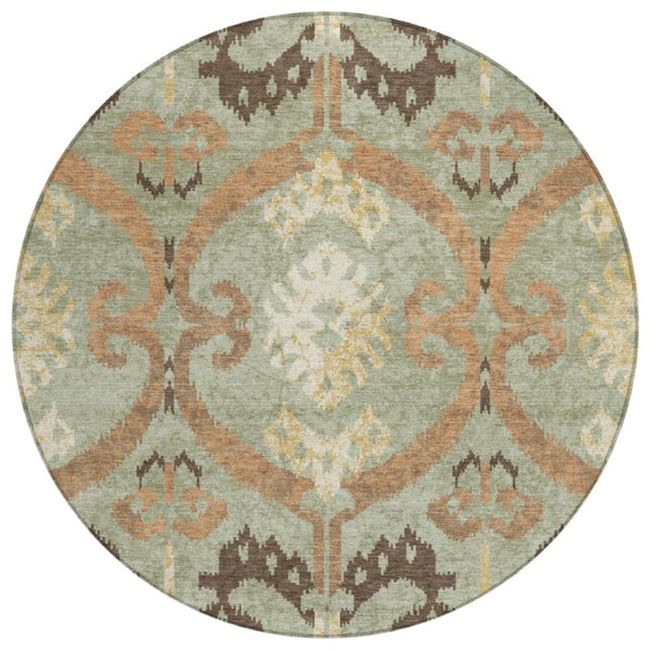 8 Foot Round Ikat Polyester Area Rug Washable Indoor Outdoor Green Khaki Pattern