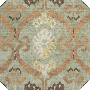 HomeRoots 8 Foot Round Ikat Polyester Area Rug Washable Indoor Outdoor Green Khaki Pattern 733392