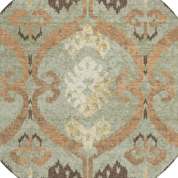 HomeRoots 8 Foot Round Ikat Polyester Area Rug Washable Indoor Outdoor Green Khaki Pattern 733392