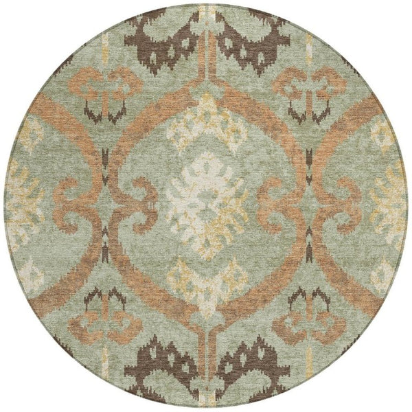 8 Foot Round Ikat Polyester Area Rug Washable Indoor Outdoor Green Khaki Pattern