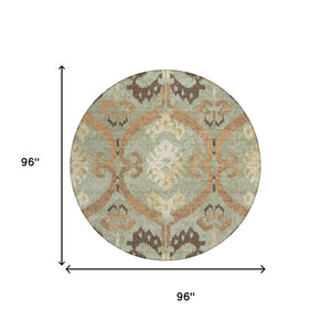 8 Foot Round Ikat Polyester Area Rug Washable Indoor Outdoor Green Khaki Pattern