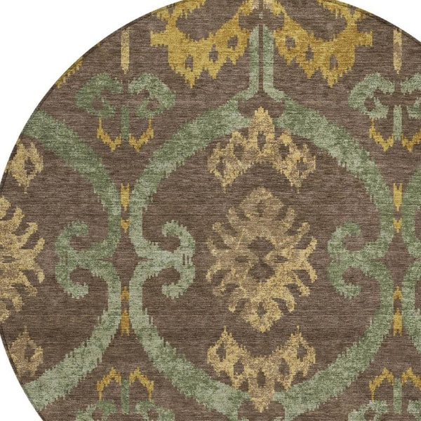 HomeRoots 8 Ft Round Ikat Polyester Area Rug Machine Washable for Indoor Outdoor Living 733398
