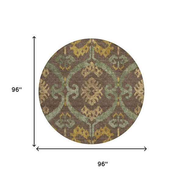 8 Ft Round Ikat Polyester Area Rug Machine Washable for Indoor Outdoor Living