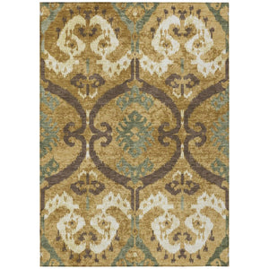 Gold Brown Ikat Polyester Area Rug Machine Washable for Indoor Outdoor Patio Use