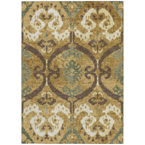 Gold Brown Ikat Polyester Area Rug Machine Washable for Indoor Outdoor Patio Use