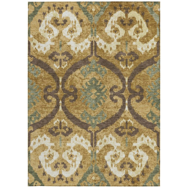 Gold Brown Ikat Polyester Area Rug Machine Washable for Indoor Outdoor Patio Use
