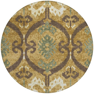 8 Foot Round Ikat Geometric Washable Polyester Rug for Indoor Outdoor Living