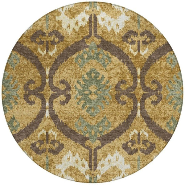 8 Foot Round Ikat Geometric Washable Polyester Rug for Indoor Outdoor Living