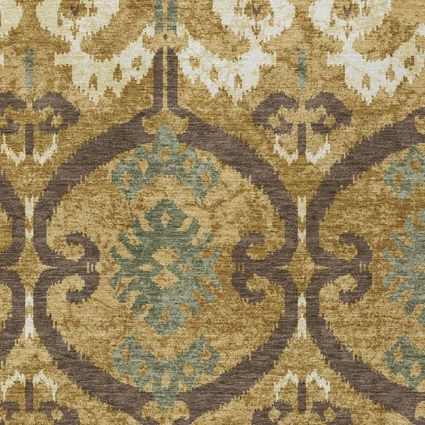 Gold Brown Ikat Polyester Area Rug Machine Washable for Indoor Outdoor Patio Use