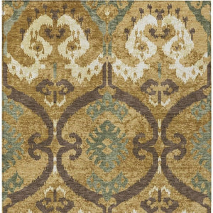 Gold Brown Ikat Polyester Area Rug Machine Washable for Indoor Outdoor Patio Use