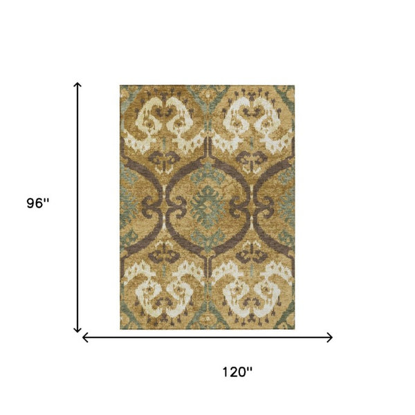 Gold Brown Ikat Polyester Area Rug Machine Washable for Indoor Outdoor Patio Use