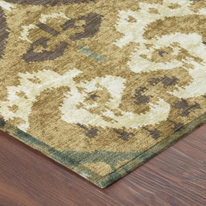 Gold Brown Ikat Polyester Area Rug Machine Washable for Indoor Outdoor Patio Use
