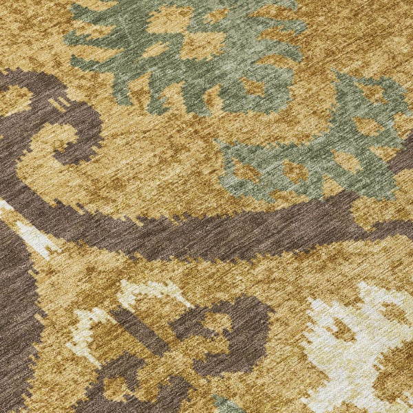 Gold Brown Ikat Polyester Area Rug Machine Washable for Indoor Outdoor Patio Use