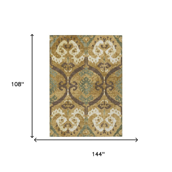 Gold Brown Ikat Polyester Area Rug Machine Washable for Indoor Outdoor Patio Use