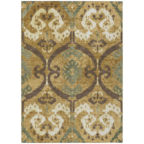 Gold Brown Ikat Polyester Area Rug Machine Washable for Indoor Outdoor Patio Use
