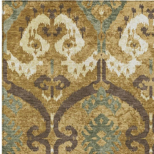 Gold Brown Ikat Polyester Area Rug Machine Washable for Indoor Outdoor Patio Use
