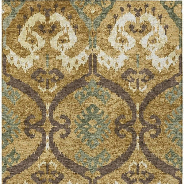 Gold Brown Ikat Polyester Area Rug Machine Washable for Indoor Outdoor Patio Use