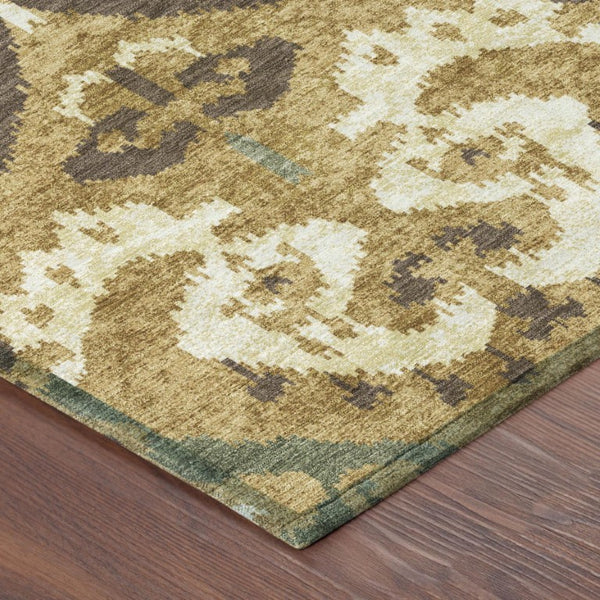 Gold Brown Ikat Polyester Area Rug Machine Washable for Indoor Outdoor Patio Use