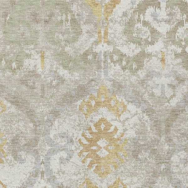 Ikat Patterned Polyester Area Rug Machine Washable Indoor Outdoor Use Neutral Ivory Linen Tones