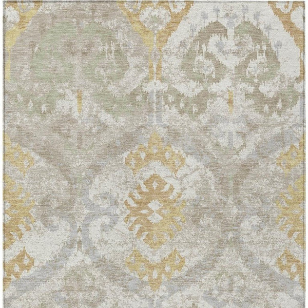Ikat Patterned Polyester Area Rug Machine Washable Indoor Outdoor Use Neutral Ivory Linen Tones