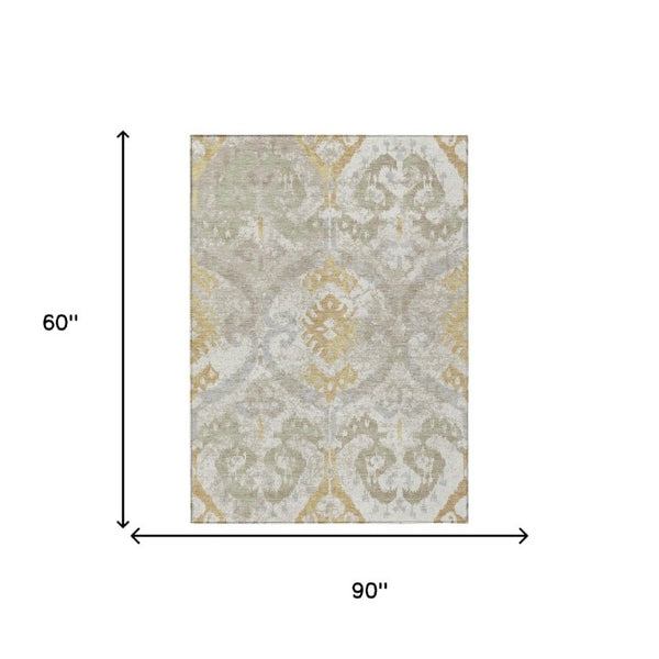 Ikat Patterned Polyester Area Rug Machine Washable Indoor Outdoor Use Neutral Ivory Linen Tones