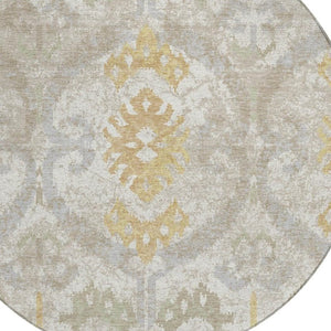 HomeRoots 8 Ft Round Ikat Washable Polyester Area Rug for Indoor Outdoor Patios and Living Rooms 733410