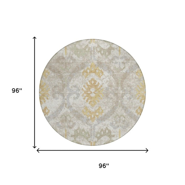 8 Ft Round Ikat Washable Polyester Area Rug for Indoor Outdoor Patios and Living Rooms