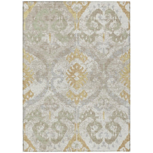 Ikat Patterned Polyester Area Rug Machine Washable Indoor Outdoor Use Neutral Ivory Linen Tones