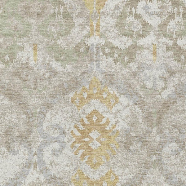 Ikat Patterned Polyester Area Rug Machine Washable Indoor Outdoor Use Neutral Ivory Linen Tones