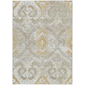 Ikat Patterned Polyester Area Rug Machine Washable Indoor Outdoor Use Neutral Ivory Linen Tones