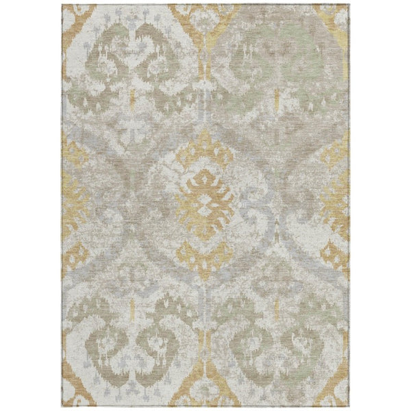 Ikat Patterned Polyester Area Rug Machine Washable Indoor Outdoor Use Neutral Ivory Linen Tones