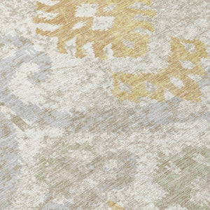 Ikat Patterned Polyester Area Rug Machine Washable Indoor Outdoor Use Neutral Ivory Linen Tones