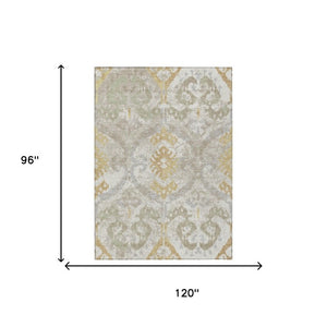 Ikat Patterned Polyester Area Rug Machine Washable Indoor Outdoor Use Neutral Ivory Linen Tones