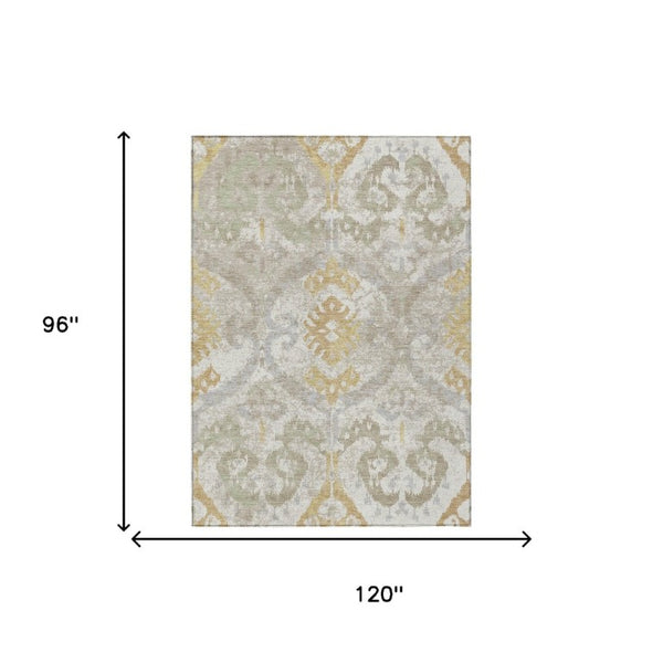 Ikat Patterned Polyester Area Rug Machine Washable Indoor Outdoor Use Neutral Ivory Linen Tones