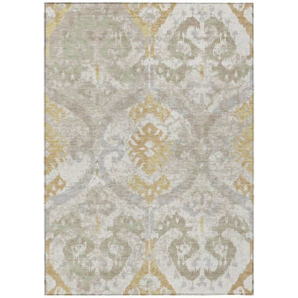 Ikat Patterned Polyester Area Rug Machine Washable Indoor Outdoor Use Neutral Ivory Linen Tones