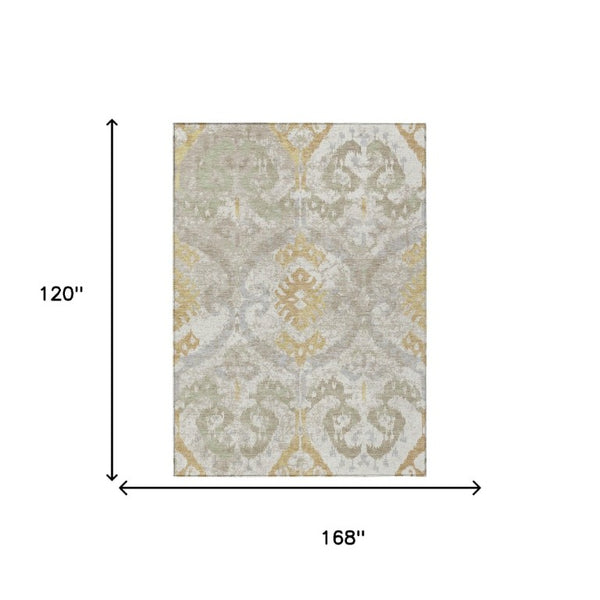 Ikat Patterned Polyester Area Rug Machine Washable Indoor Outdoor Use Neutral Ivory Linen Tones