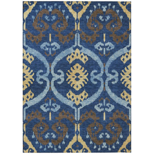 Navy Ikat Washable Polyester Area Rug for Indoor Outdoor Patio Family Room Coastal Living
