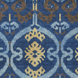 Navy Ikat Washable Polyester Area Rug for Indoor Outdoor Patio Family Room Coastal Living