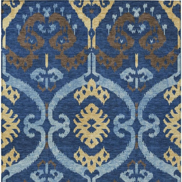 Navy Ikat Washable Polyester Area Rug for Indoor Outdoor Patio Family Room Coastal Living