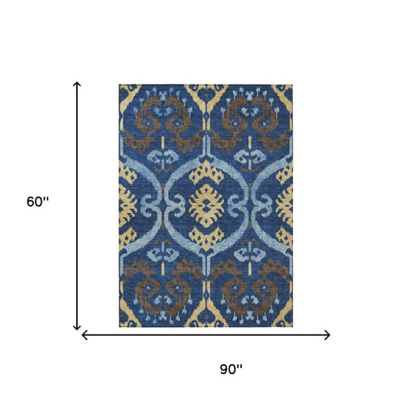 Navy Ikat Washable Polyester Area Rug for Indoor Outdoor Patio Family Room Coastal Living