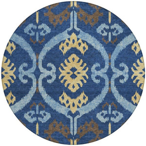 8 Ft Round Ikat Polyester Indoor Outdoor Rug Machine Washable Navy Geometric Pattern