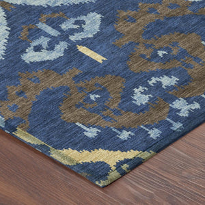 Navy Ikat Washable Polyester Area Rug for Indoor Outdoor Patio Family Room Coastal Living