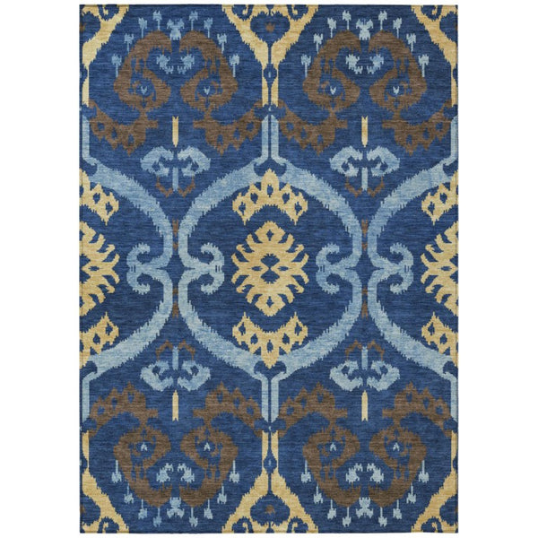 Navy Ikat Washable Polyester Area Rug for Indoor Outdoor Patio Family Room Coastal Living