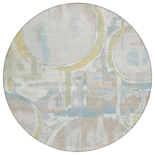 8 Ft Round Abstract Ivory Washable Polyester Rug for Indoor Outdoor Living Spaces