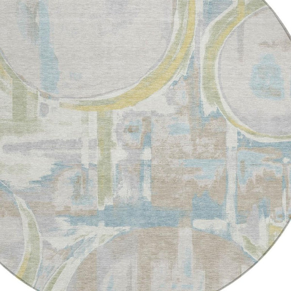 HomeRoots 8 Ft Round Abstract Ivory Washable Polyester Rug for Indoor Outdoor Living Spaces 733428