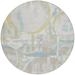 8 Ft Round Abstract Ivory Washable Polyester Rug for Indoor Outdoor Living Spaces